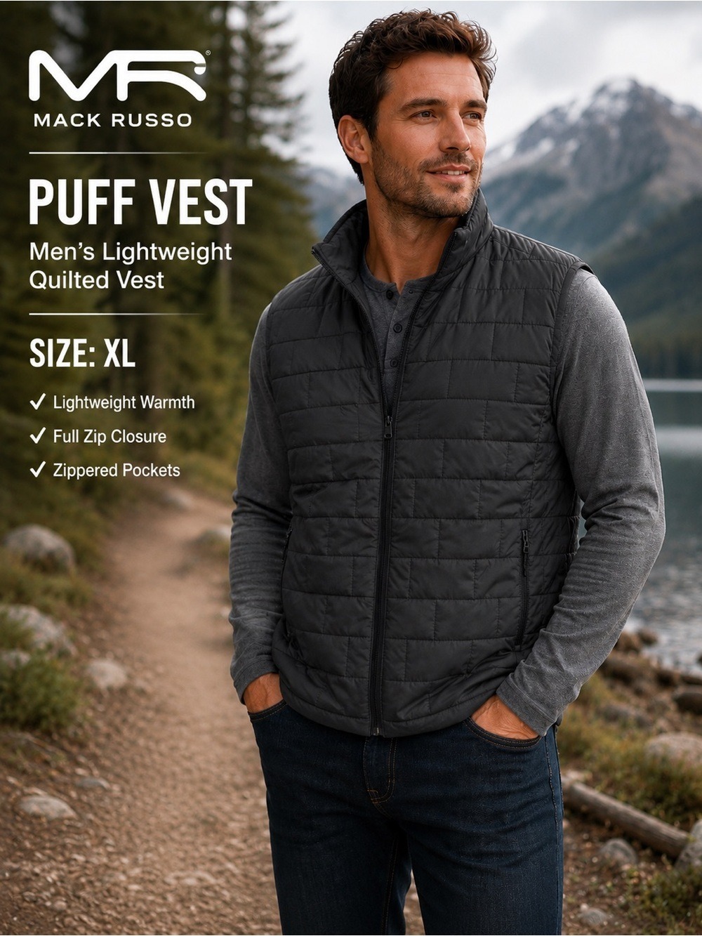 Mack Russo Charcoal Quilted Puff Vest XL NWT Lightweight Full Zip Outdoor